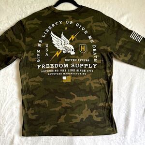 Howitzer Patriot MFG Mens LS Green Camo Shirt Give Me Liberty SZ L USA Tactical
